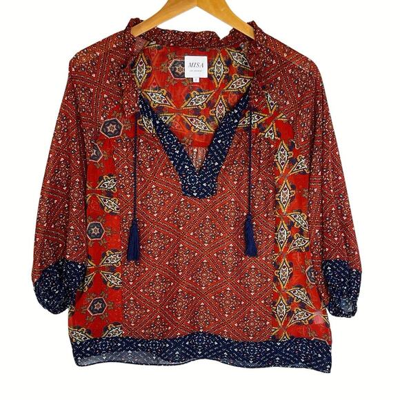 MISA Women’s Boho Chiffon Multi Print Tassel Top size small - Picture 1 of 4